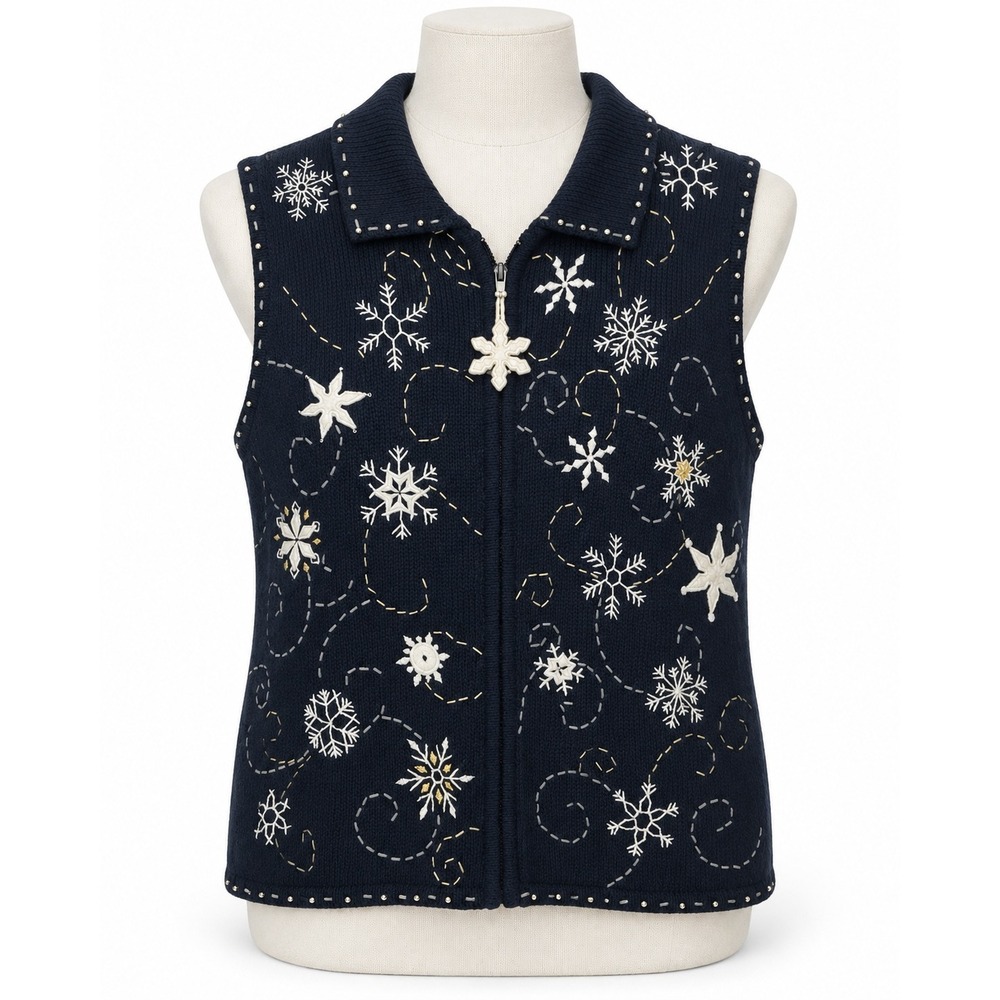 Designers Originals MP Sweater Vest Black Snowflake Beaded Zip Up Winter Vest